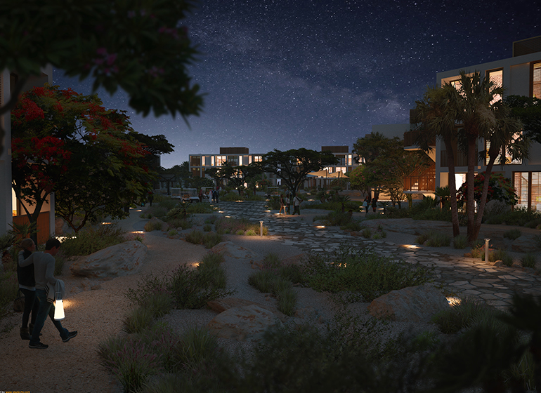 costal village residence walking path at night