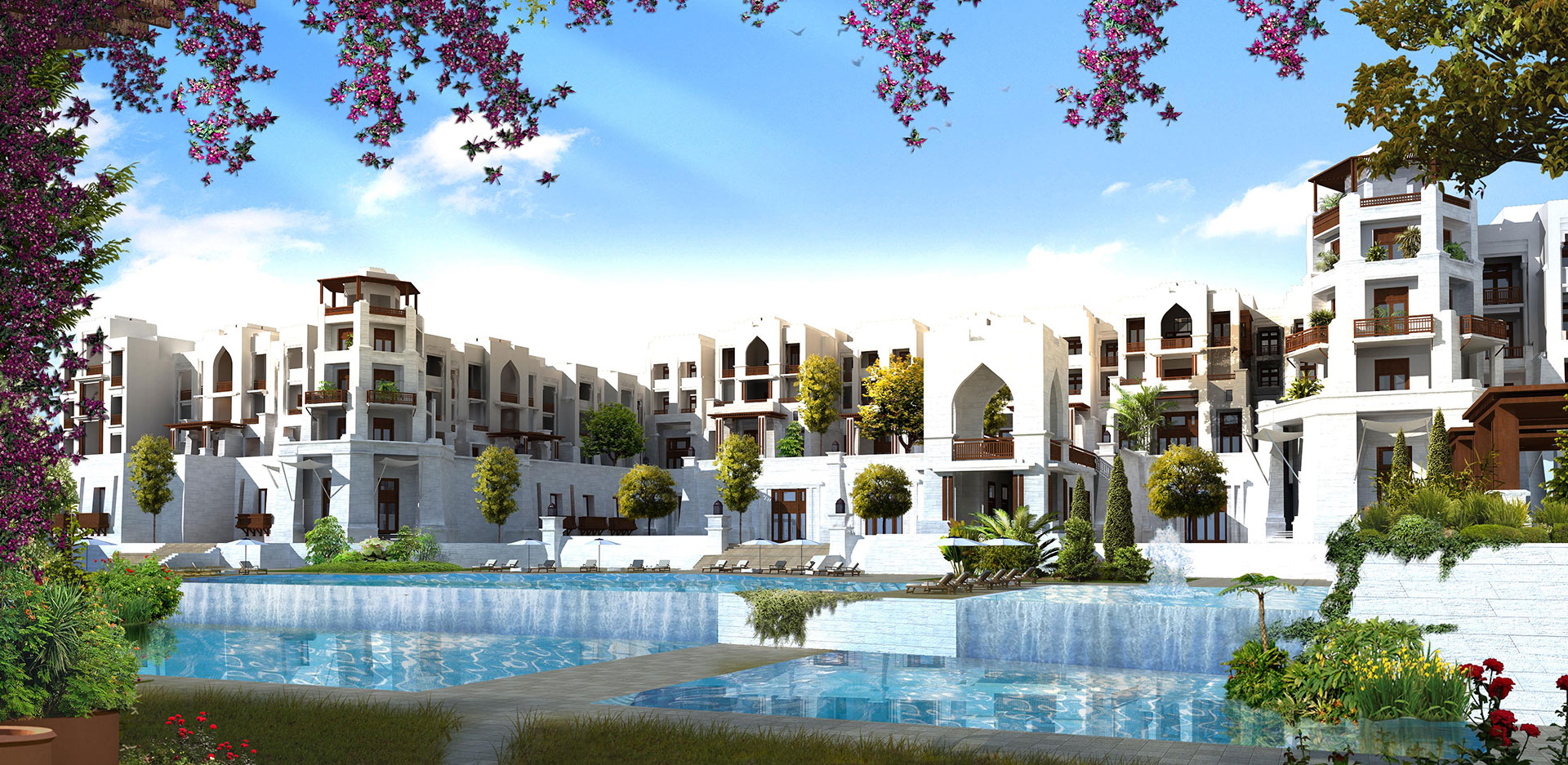 Salwa Beach Resort Master Plan real life rendering with beautiful pool